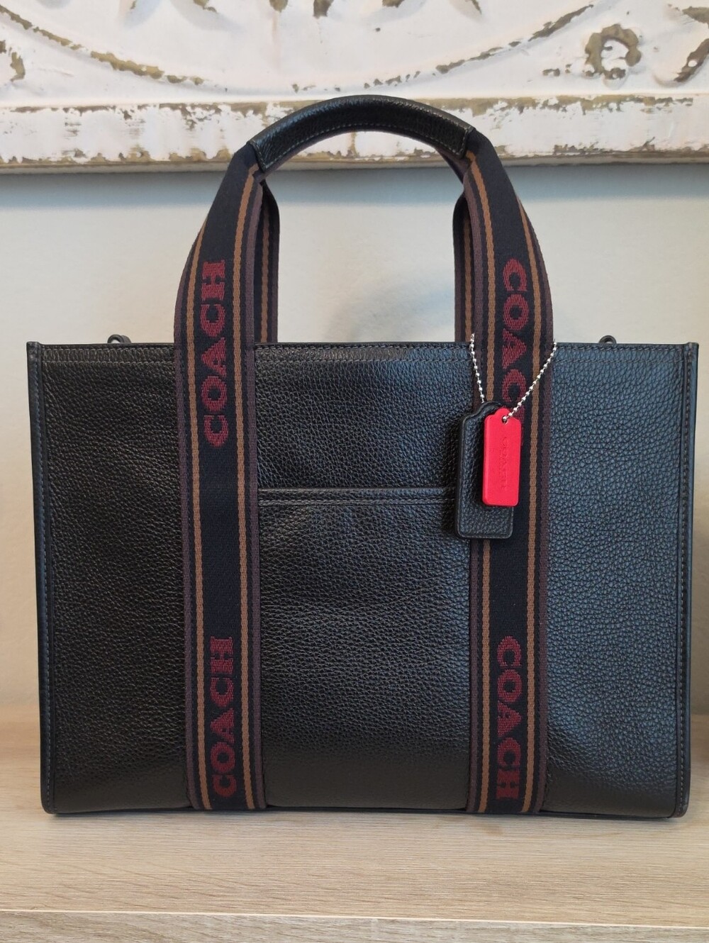 Coach Black Pebbled Leather Tote with Brown Branded Webbing and Red Tag W/ Strap
